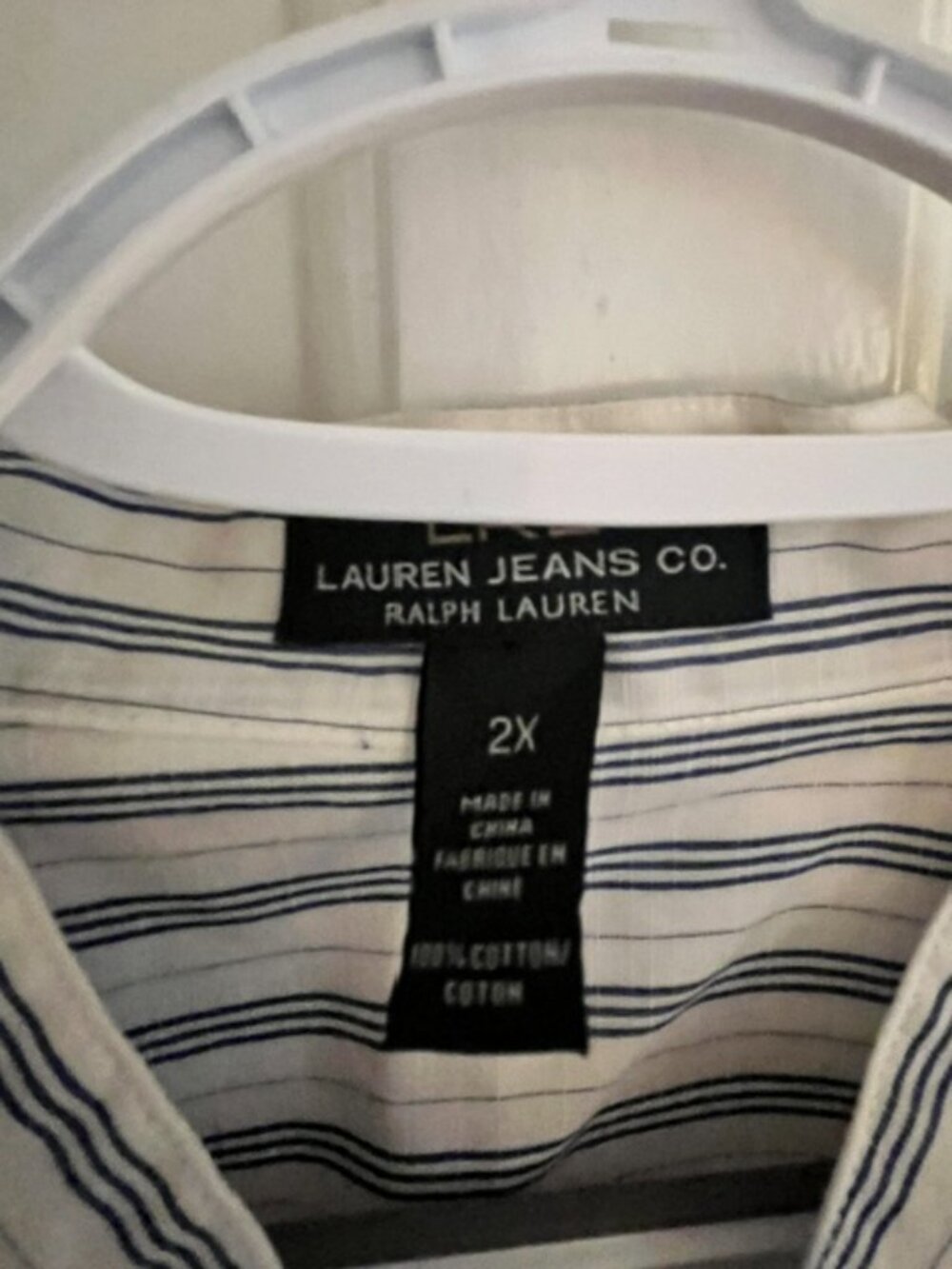 VINTAGE LRL LAUREN JEANS CO. BLUE & WHITE STRIPED RUFFLED JABOT BLOUSE, 2X, NWT - Picture 2 of 4